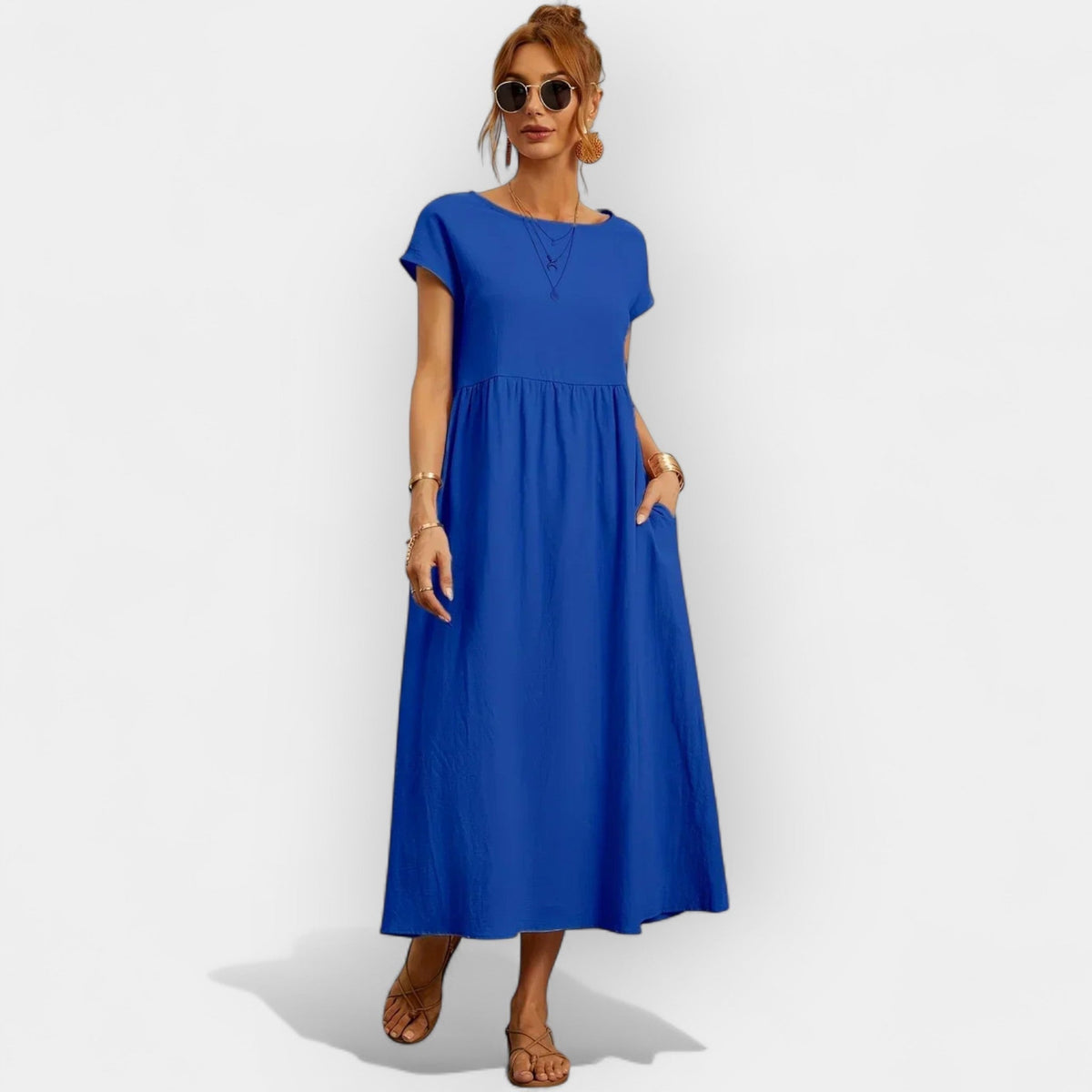Lola Adriana | Vestido Midi Casual con Bolsillos Mujer Manga Corta