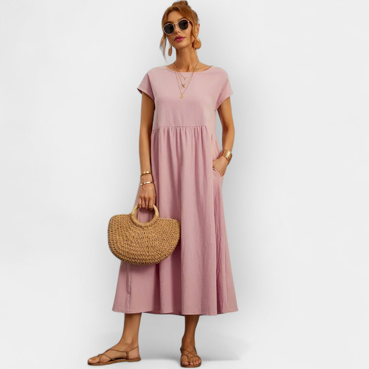 Lola Adriana | Vestido Midi Casual con Bolsillos Mujer Manga Corta