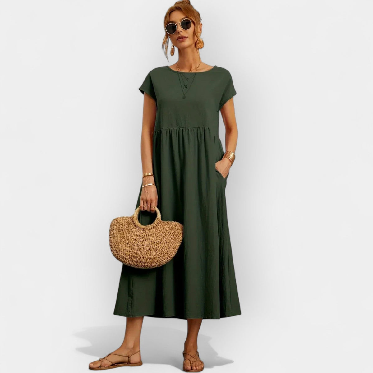 Lola Adriana | Vestido Midi Casual con Bolsillos Mujer Manga Corta