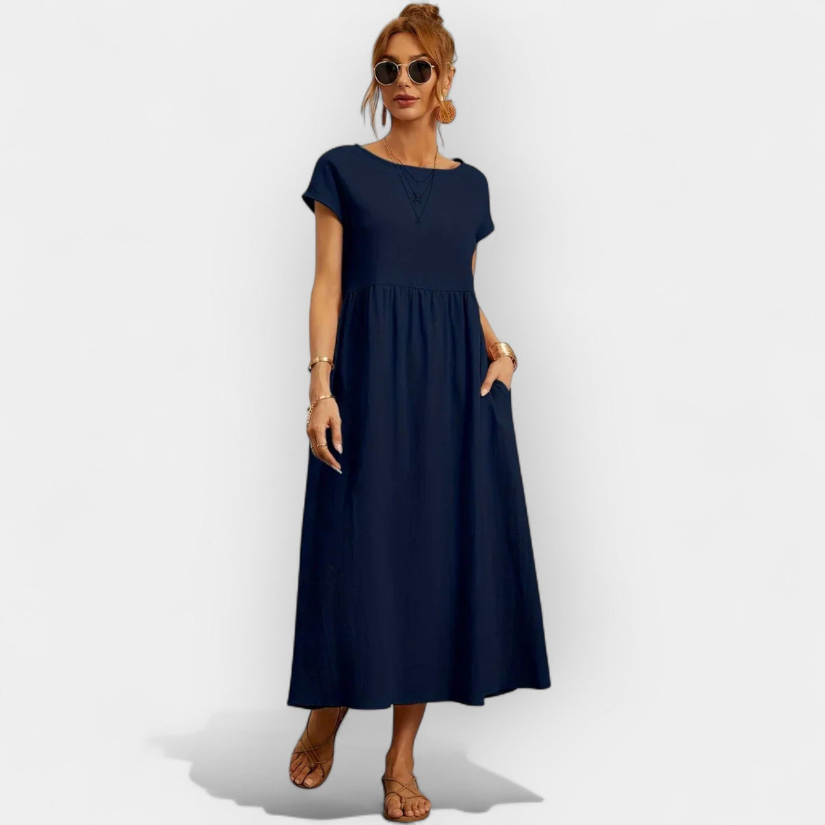 Lola Adriana | Vestido Midi Casual con Bolsillos Mujer Manga Corta