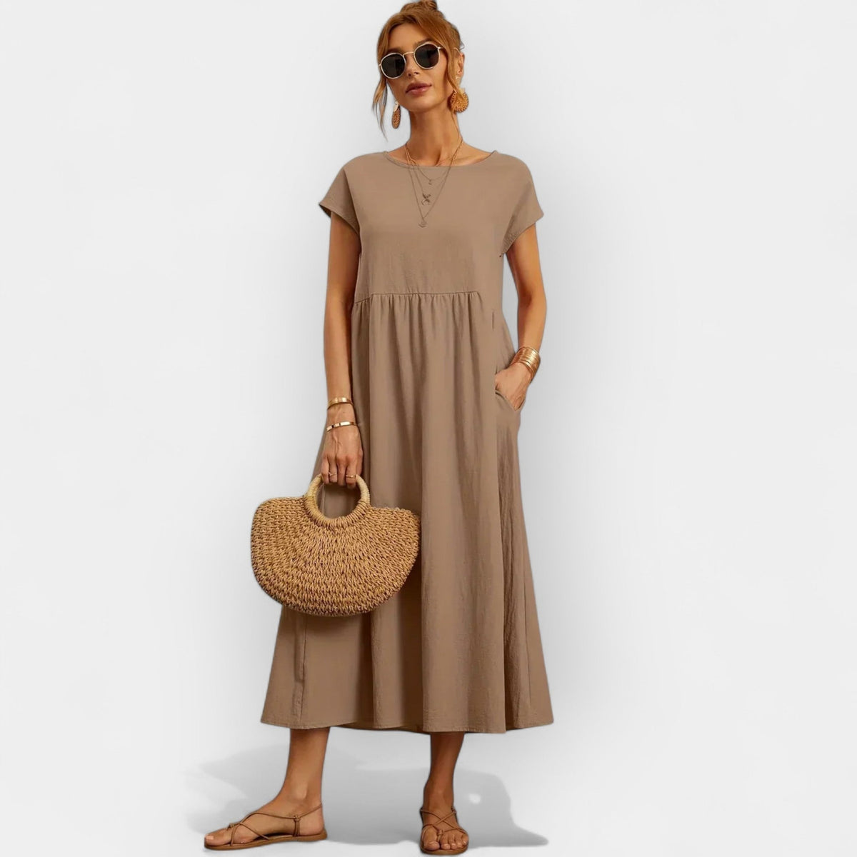 Lola Adriana | Vestido Midi Casual con Bolsillos Mujer Manga Corta