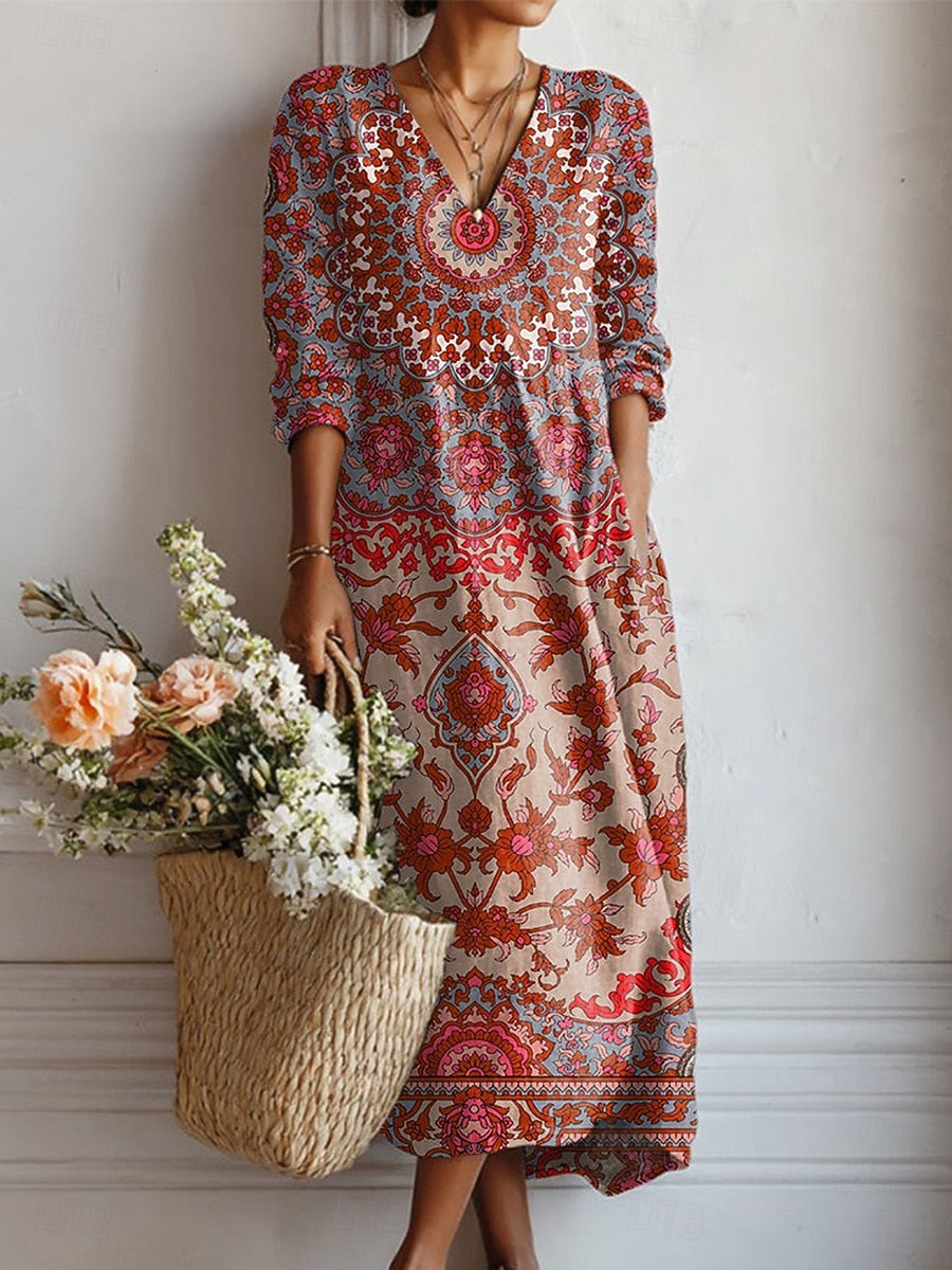 Salma | Vestido Midi Boho de Lino Estampado — imagen 12