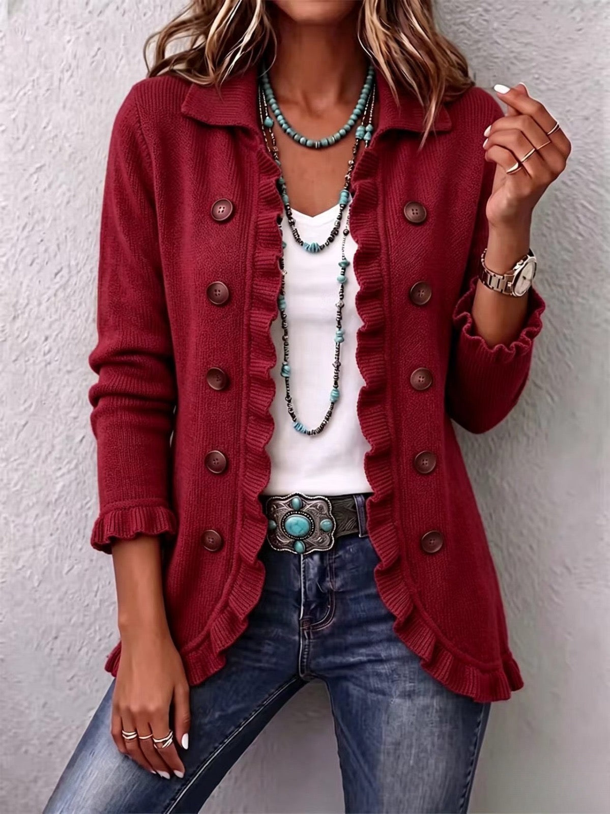Irene | Chaqueta de Volantes de Punto Rojo Rubí — imagen 1