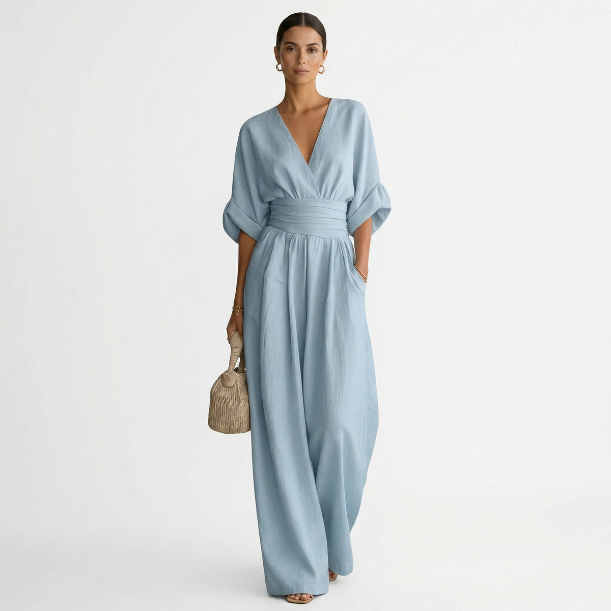 Lorena Adriana | Mono Largo Elegante de Lino Mujer Escote V Cinturón