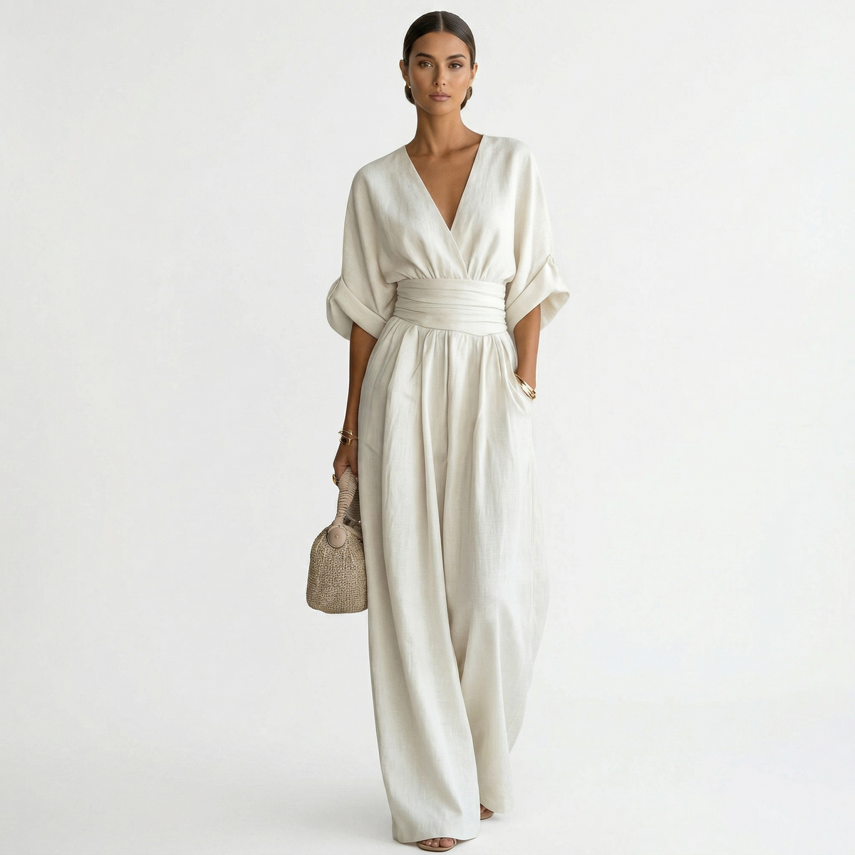 Lorena Adriana | Mono Largo Elegante de Lino Mujer Escote V Cinturón
