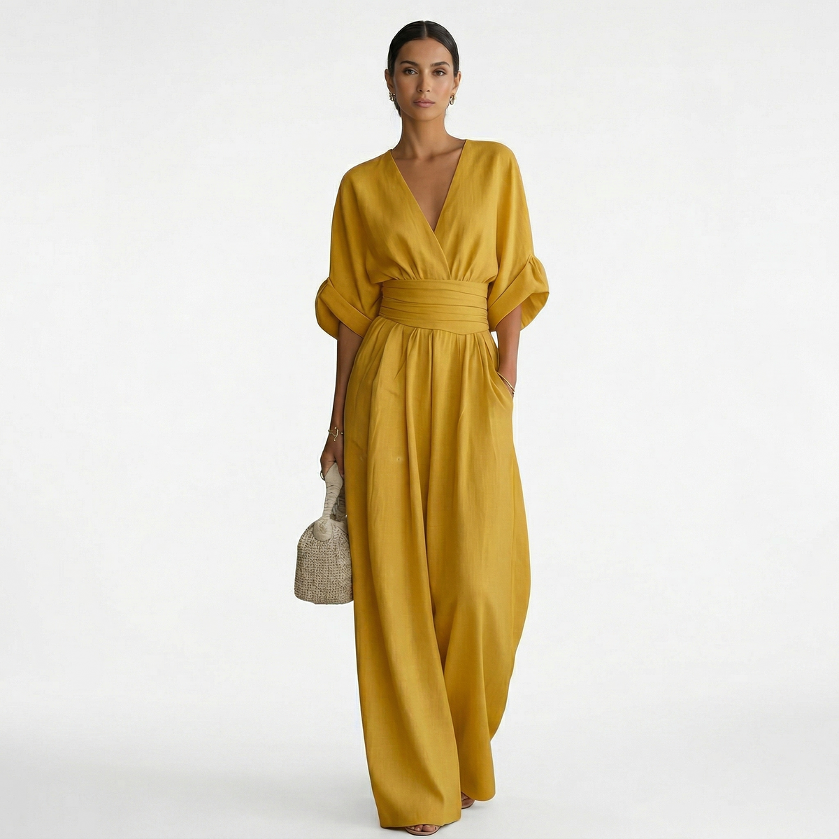 Lorena Adriana | Mono Largo Elegante de Lino Mujer Escote V Cinturón