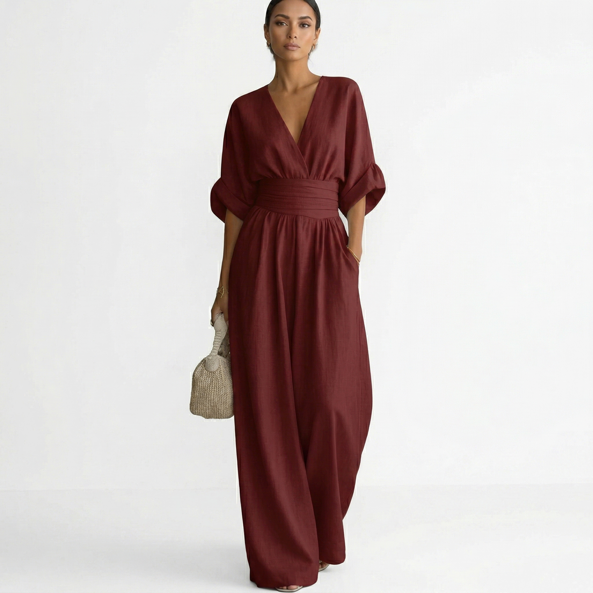 Lorena Adriana | Mono Largo Elegante de Lino Mujer Escote V Cinturón