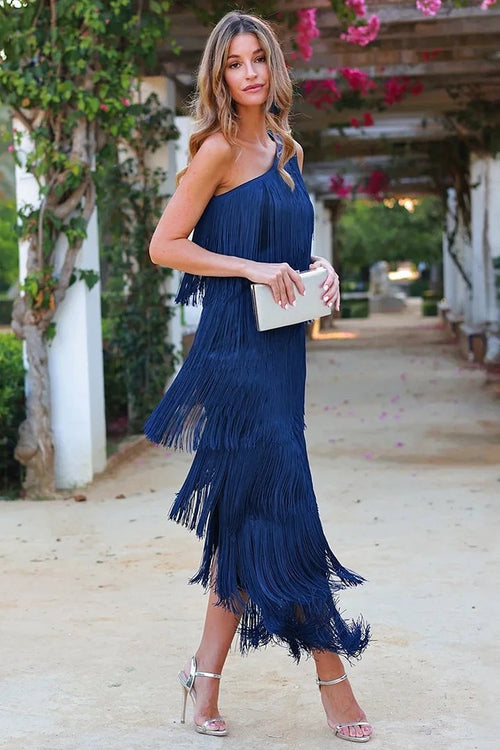 Adriana Aitana | Vestido Largo Elegante Asimétrico de Un Hombro Mujer Flecos