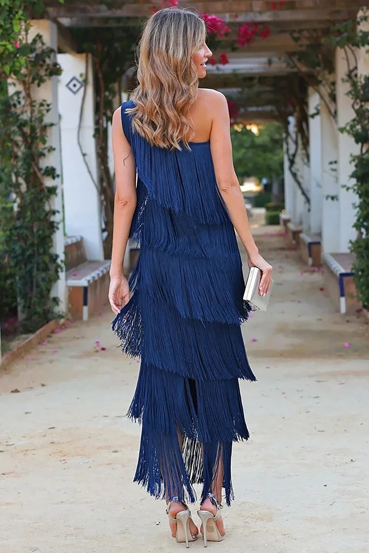 Adriana Aitana | Vestido Largo Elegante Asimétrico de Un Hombro Mujer Flecos