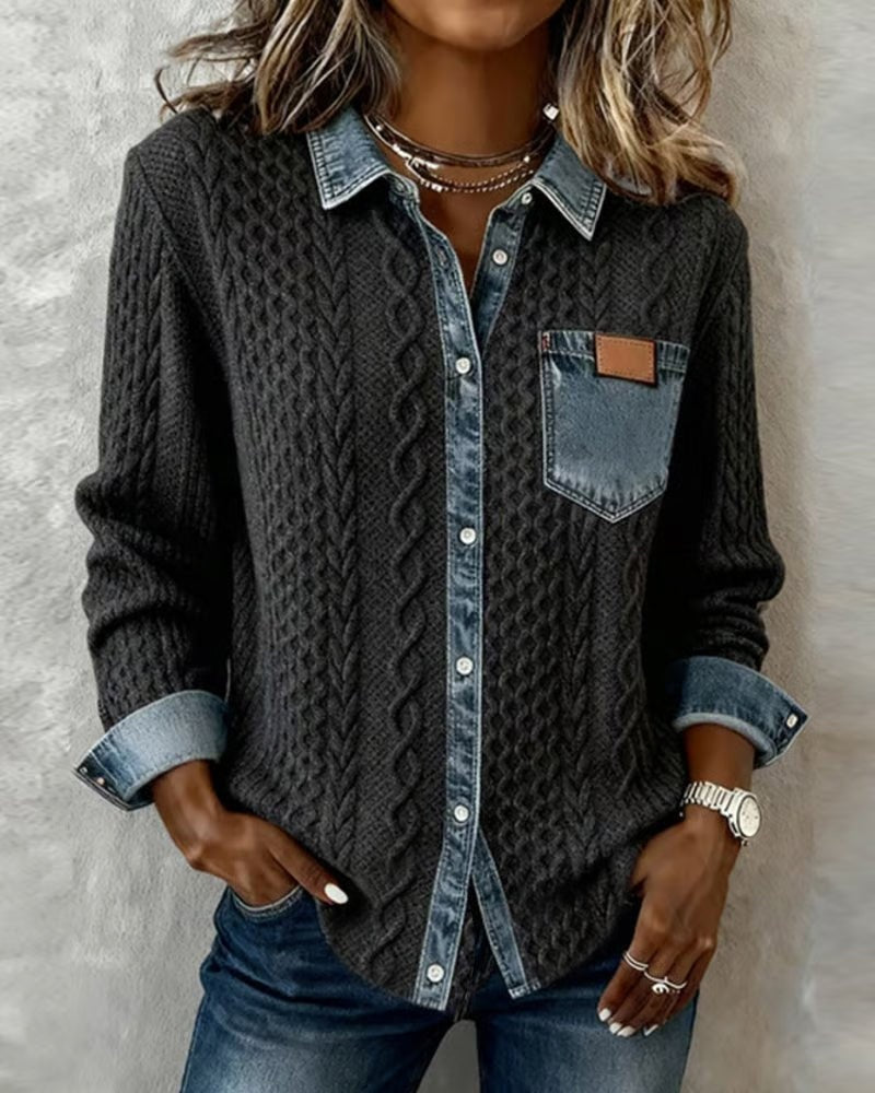 Alejandra Alba | Blusa de Punto con Detalle Denim Mujer Manga Larga Trenzas