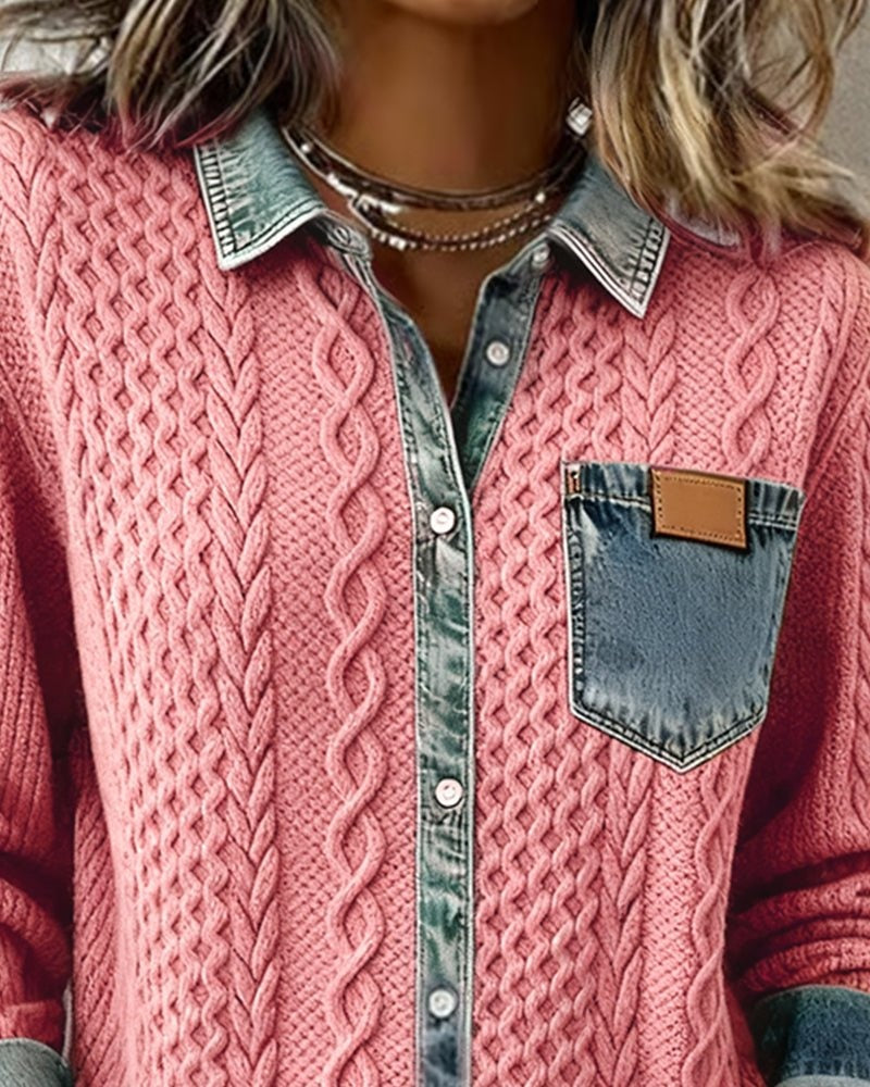 Alejandra Alba | Blusa de Punto con Detalle Denim Mujer Manga Larga Trenzas