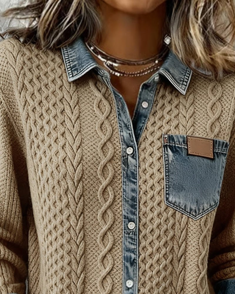 Alejandra Alba | Blusa de Punto con Detalle Denim Mujer Manga Larga Trenzas