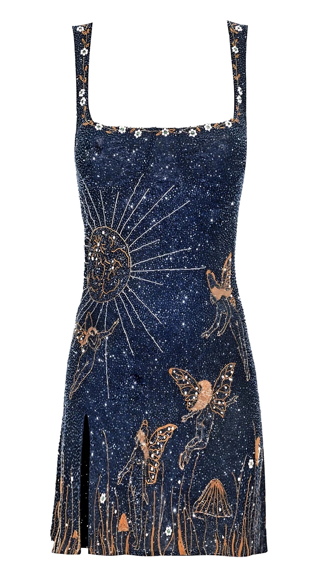 Beatriz Alba | Vestido Corto de Fiesta Mujer Bordado Mariposas Escote Cuadrado