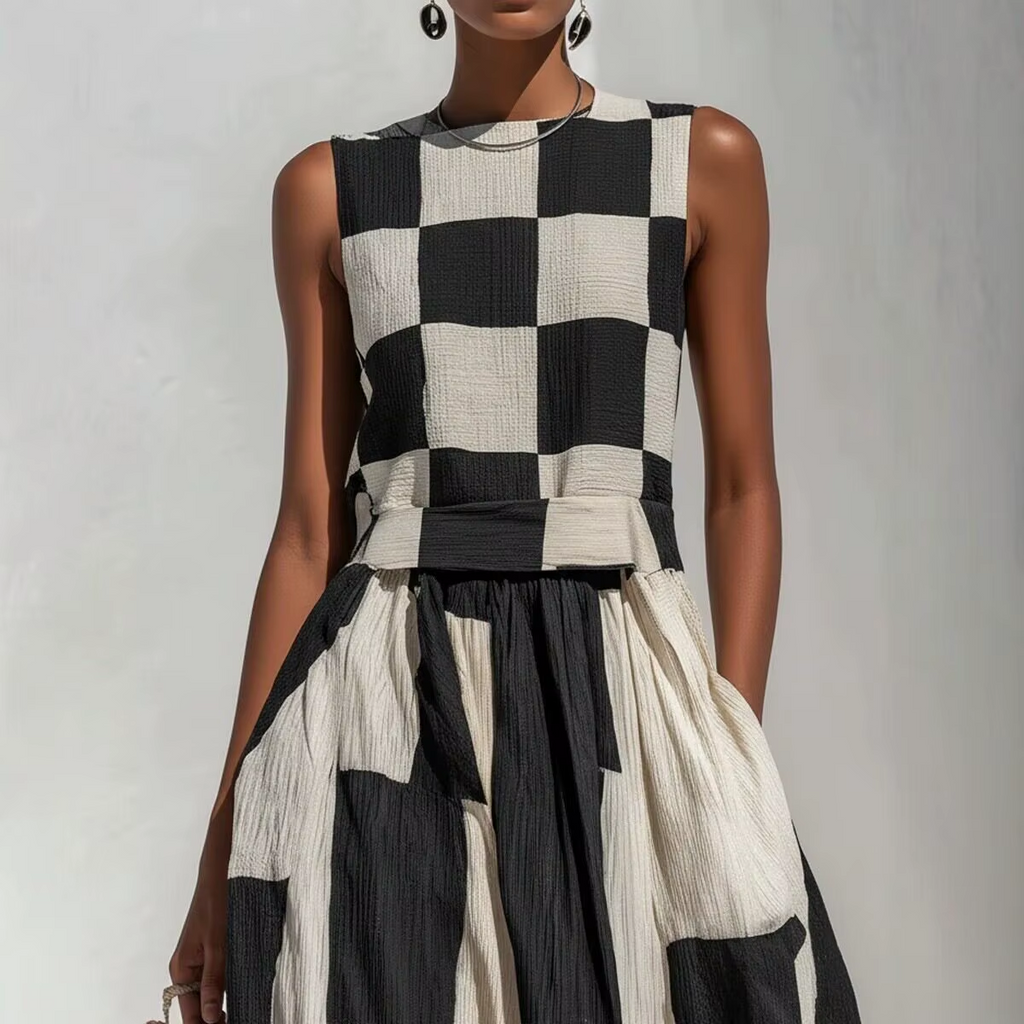 Lucía vestido maxi geométrico blanco y negro - detalle
