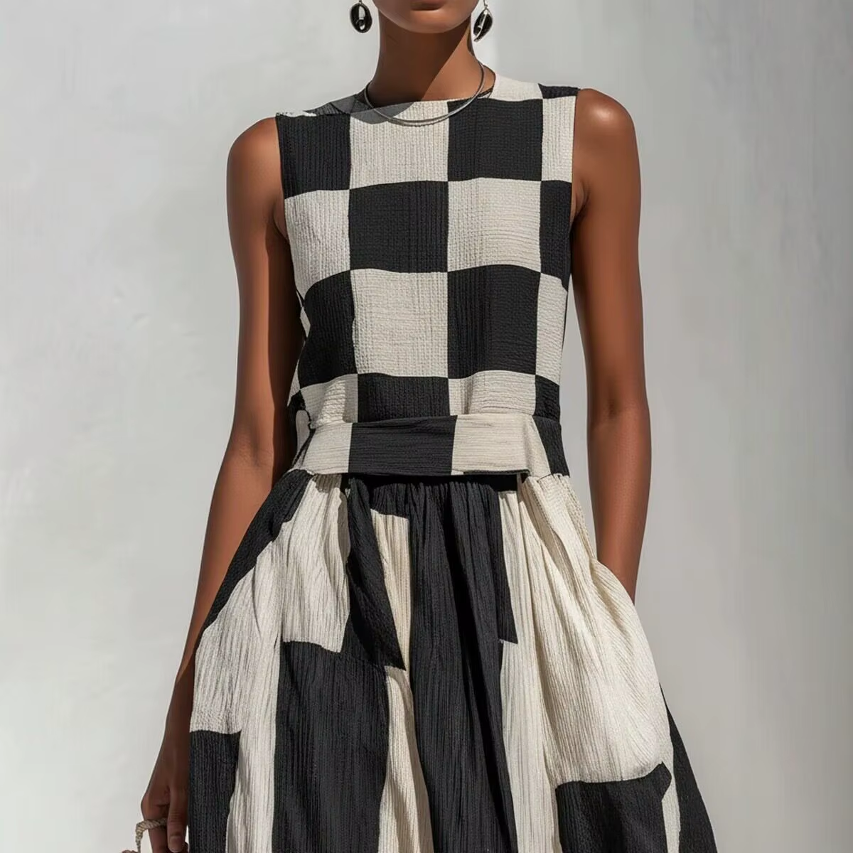 Lucía vestido maxi geométrico blanco y negro - detalle