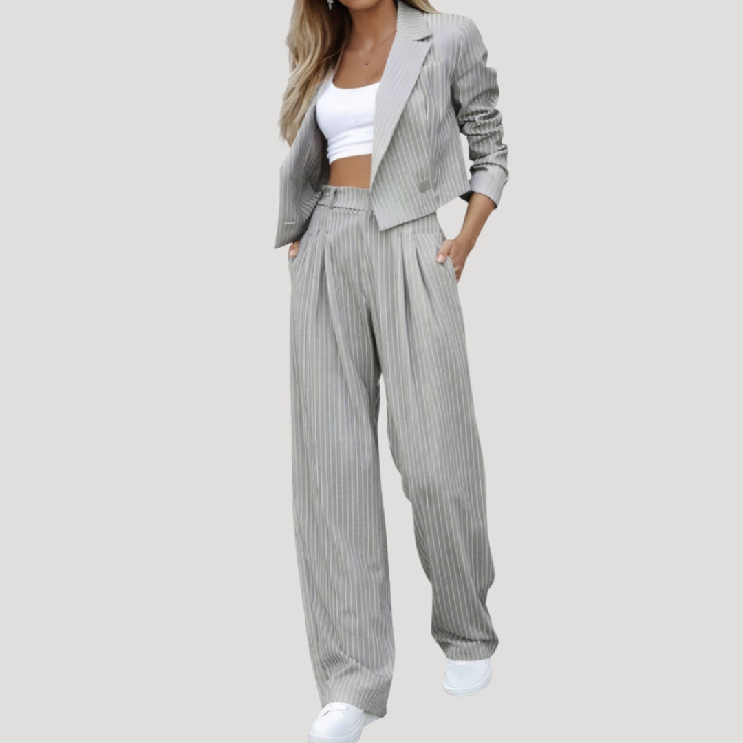 Emma Aitana | Conjunto de Traje de Rayas Blazer y Pantalón Palazzo Mujer