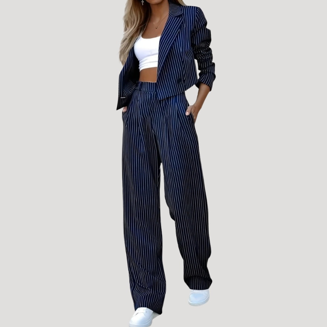 Emma Aitana | Conjunto de Traje de Rayas Blazer y Pantalón Palazzo Mujer