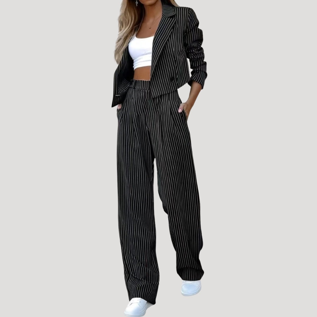 Emma Aitana | Conjunto de Traje de Rayas Blazer y Pantalón Palazzo Mujer