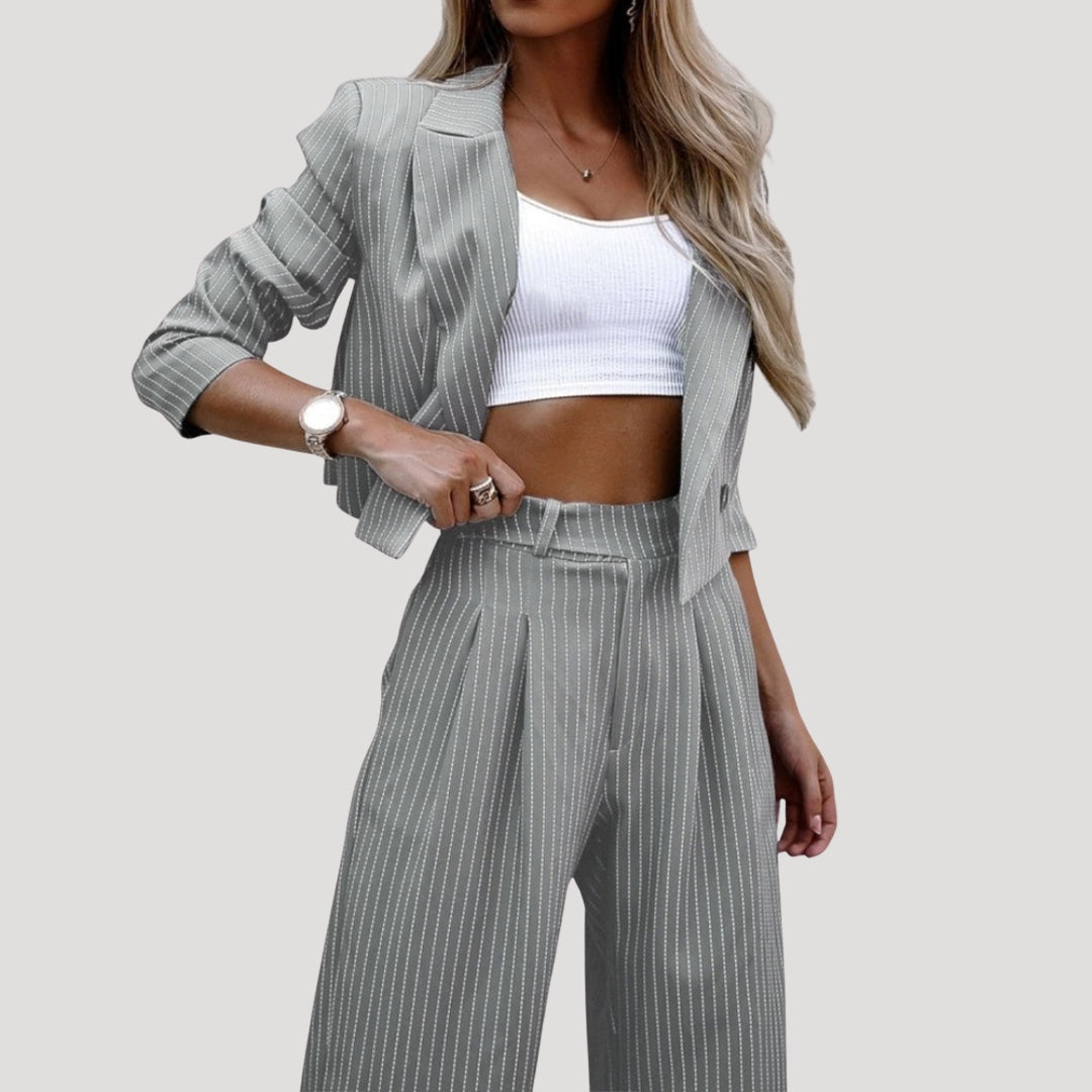 Emma Aitana | Conjunto de Traje de Rayas Blazer y Pantalón Palazzo Mujer