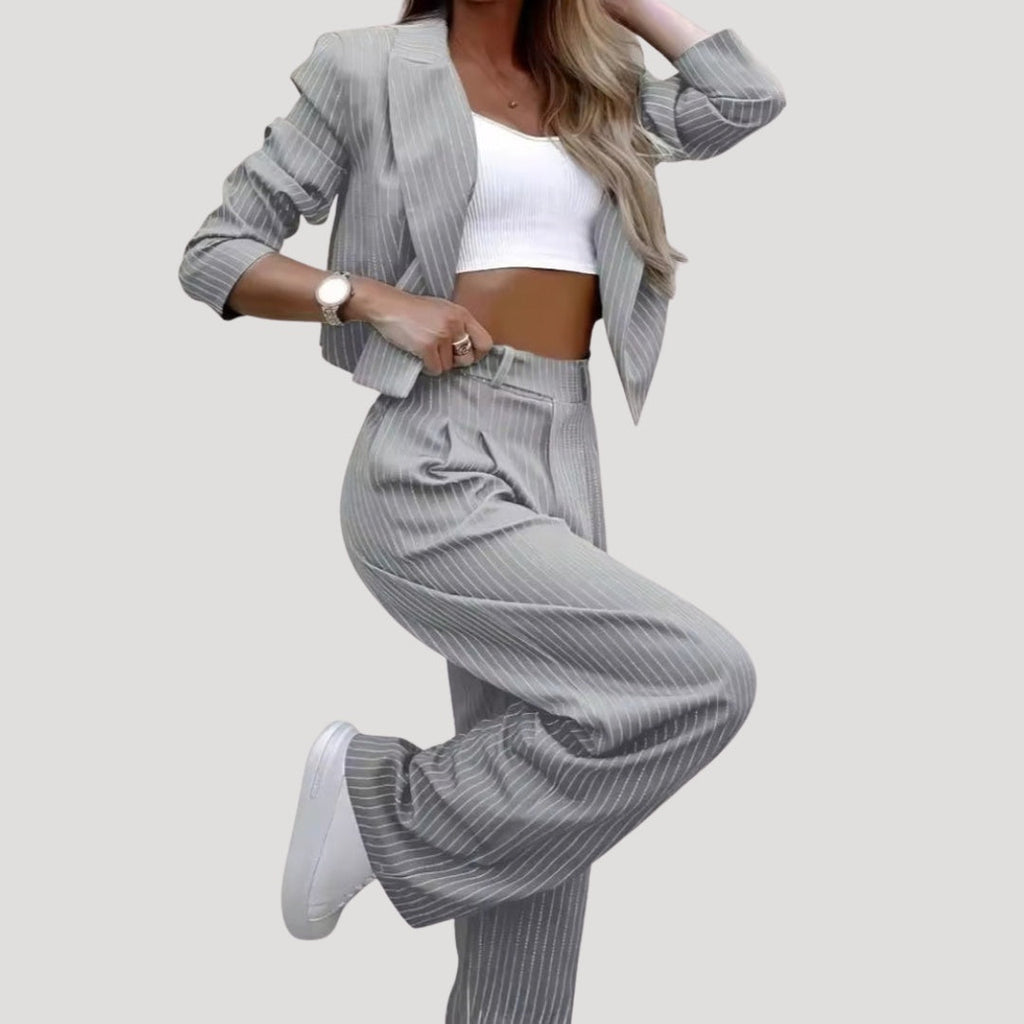 Emma Aitana | Conjunto de Traje de Rayas Blazer y Pantalón Palazzo Mujer