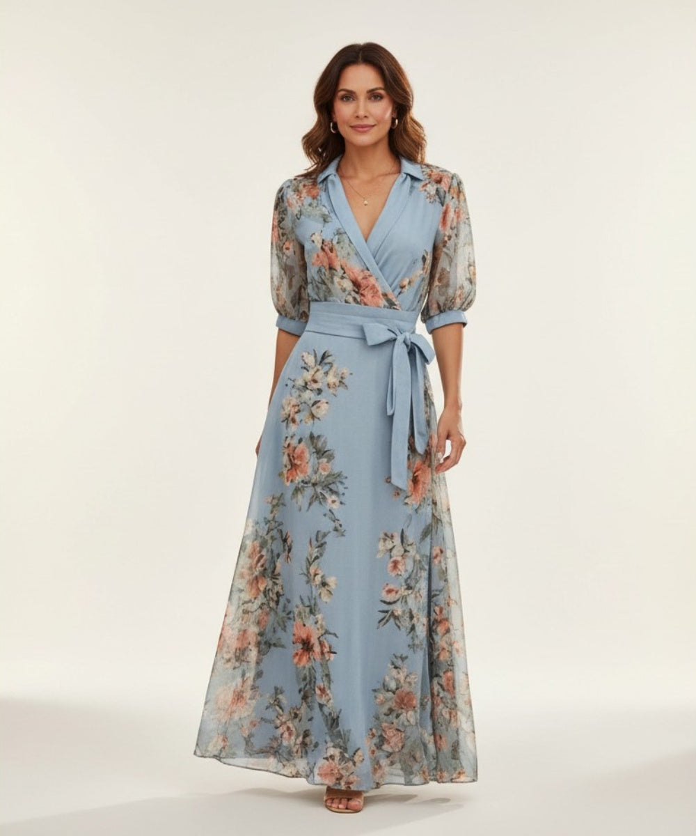 Inés Alicia | Vestido Largo Floral de Invitada Mujer Manga Larga Cinturón