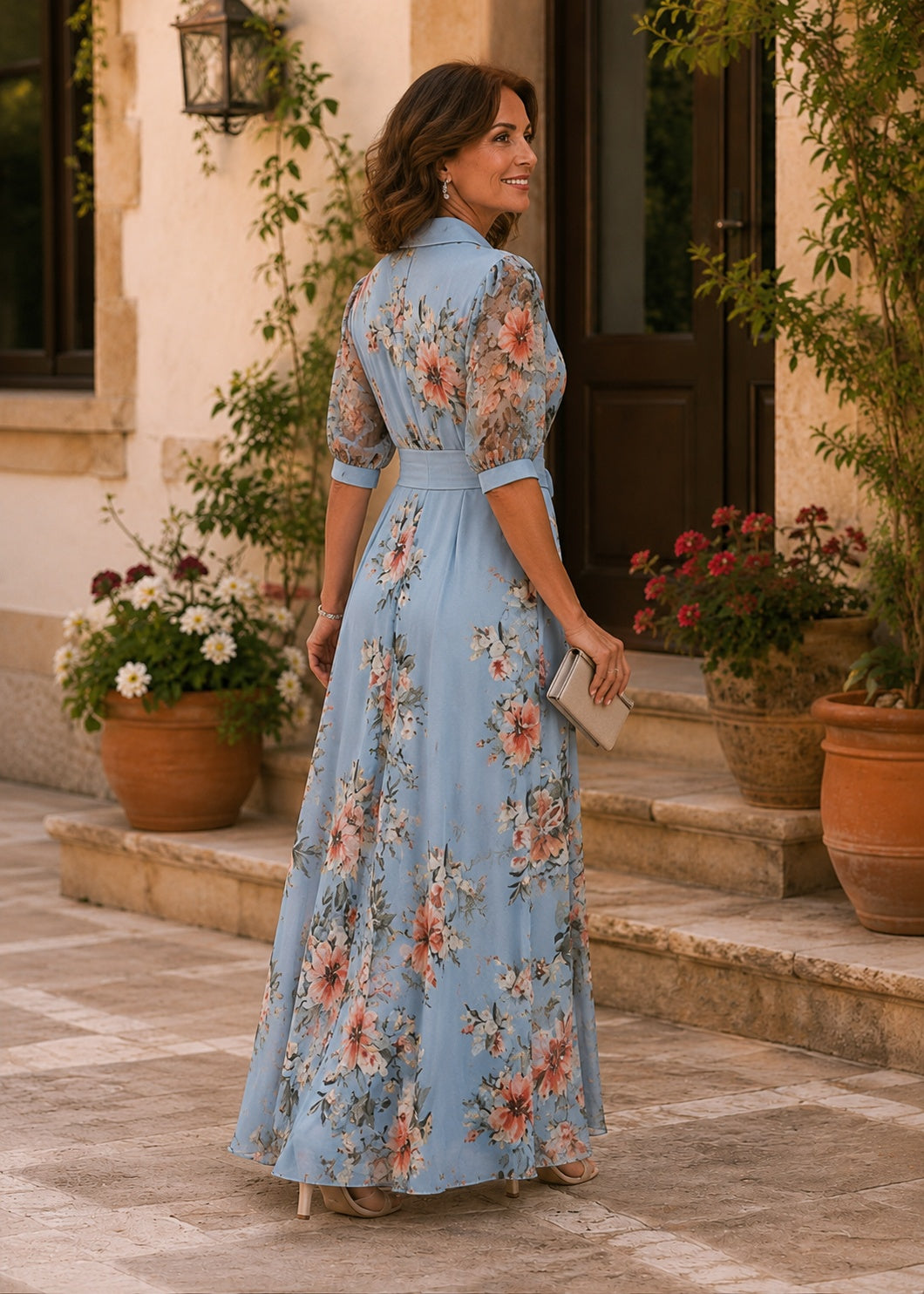 Inés Alicia | Vestido Largo Floral de Invitada Mujer Manga Larga Cinturón