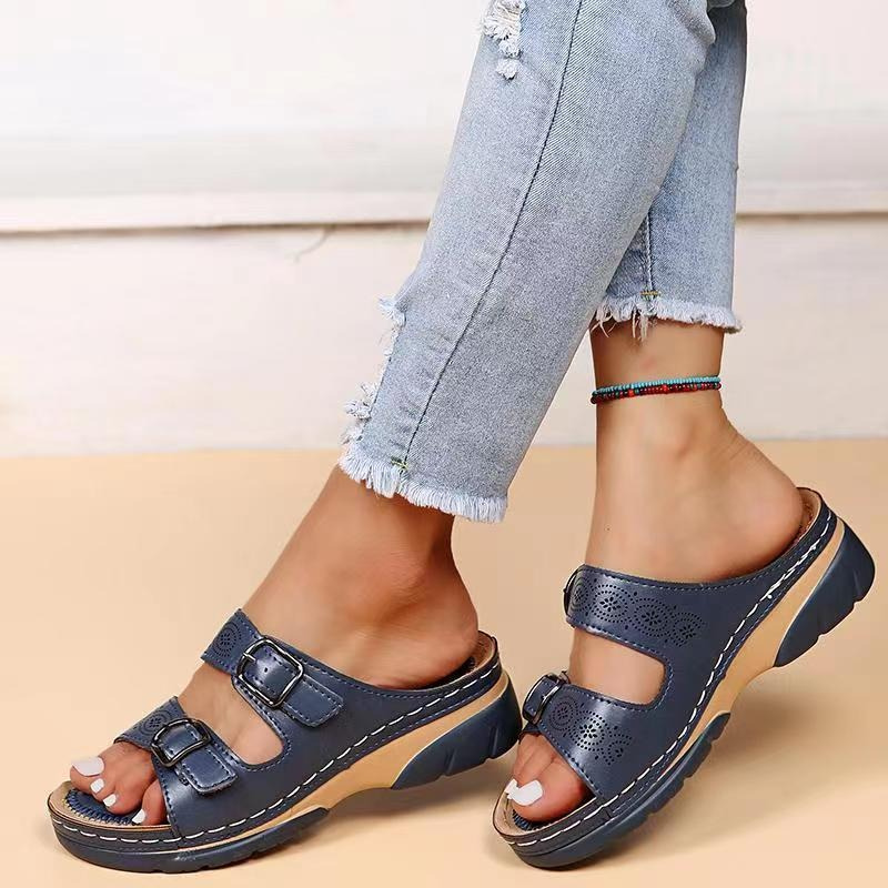 Amelia Alba | Sandalias de Cuña Mujer Hebillas Dobles Punta Abierta