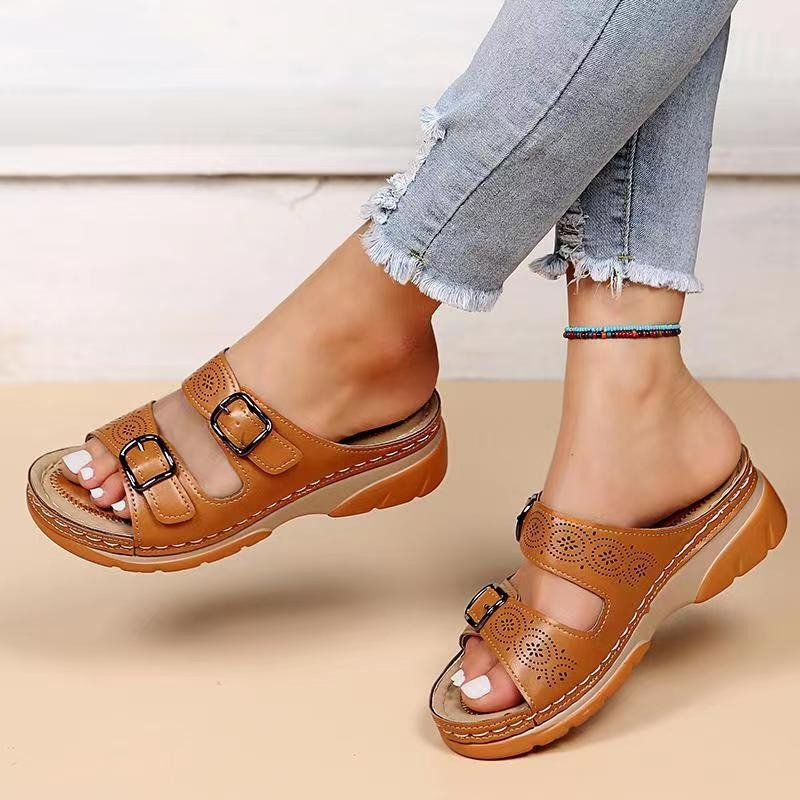 Amelia Alba | Sandalias de Cuña Mujer Hebillas Dobles Punta Abierta