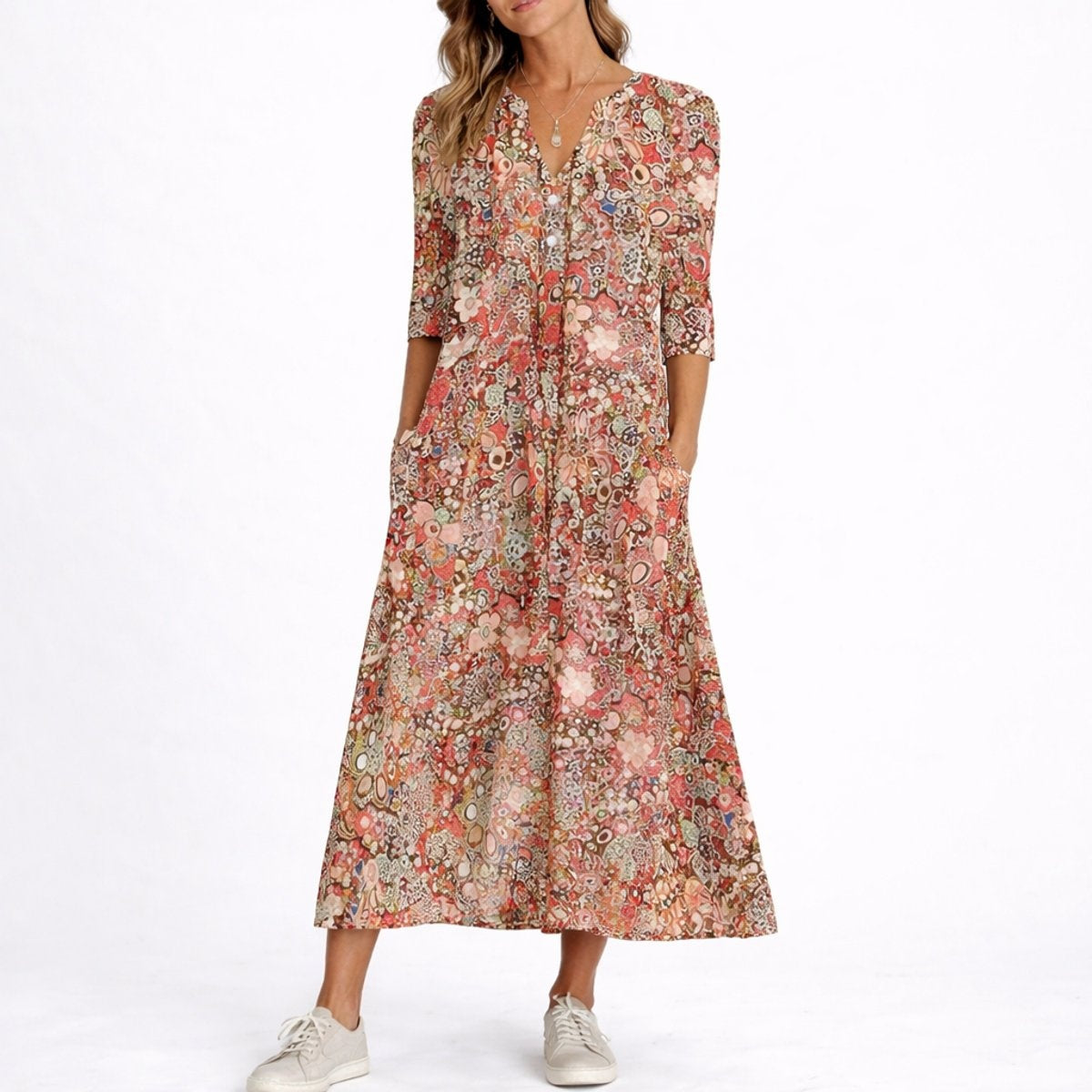 Adriana Amelia | Vestido Invitada Invierno Midi Estampado Floral Mujer Manga Tres Cuartos