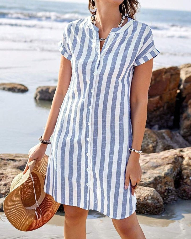 Laura Adriana | Vestido Camisero Corto de Rayas Mujer Manga Corta