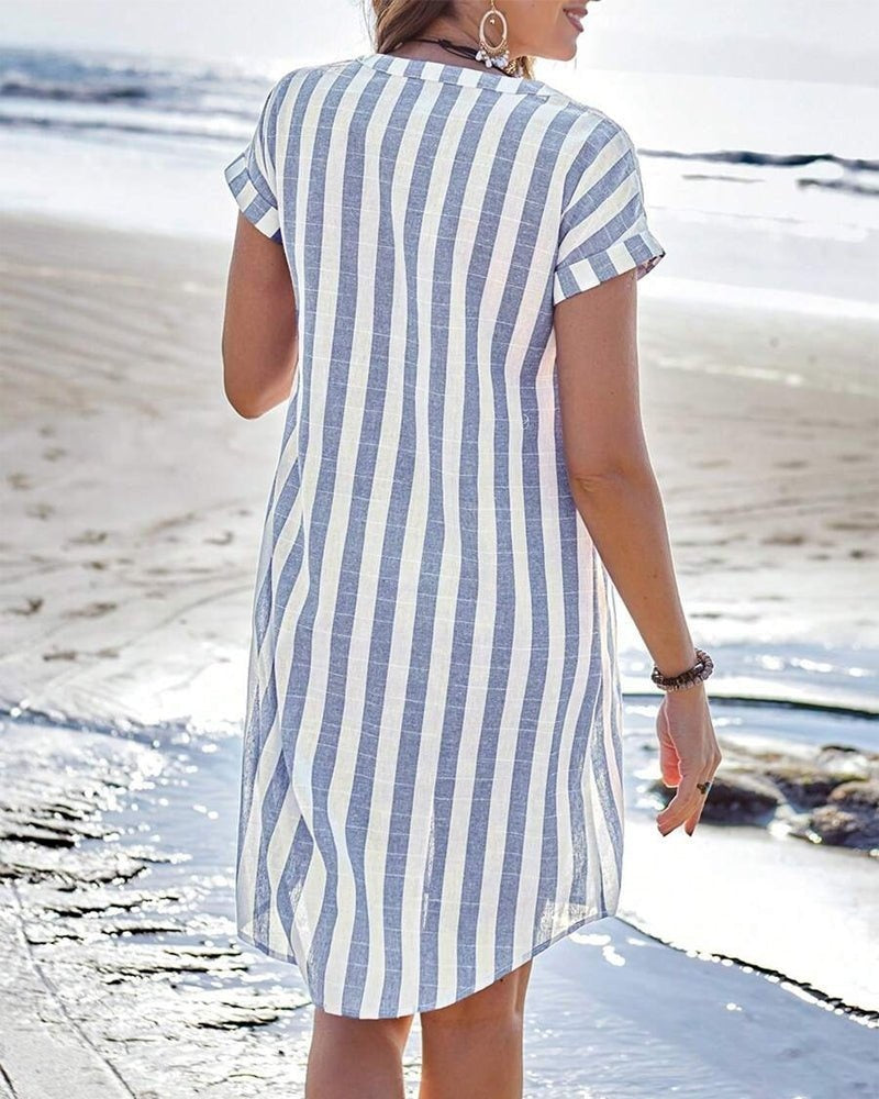 Laura Adriana | Vestido Camisero Corto de Rayas Mujer Manga Corta