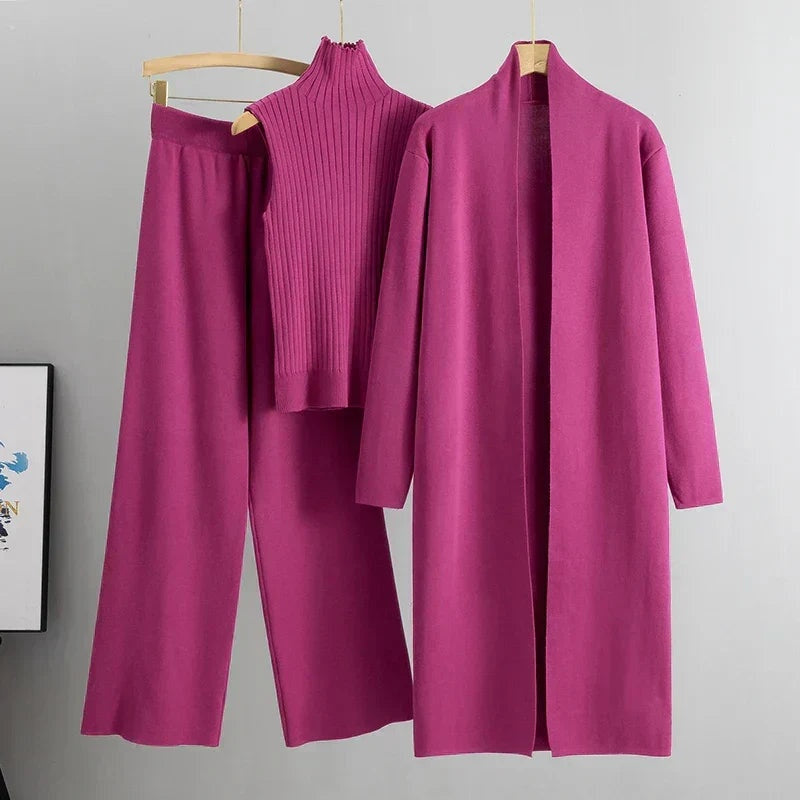 Lorena Elena | Conjunto de Punto Tres Piezas Mujer Cárdigan Largo Pantalón Ancho