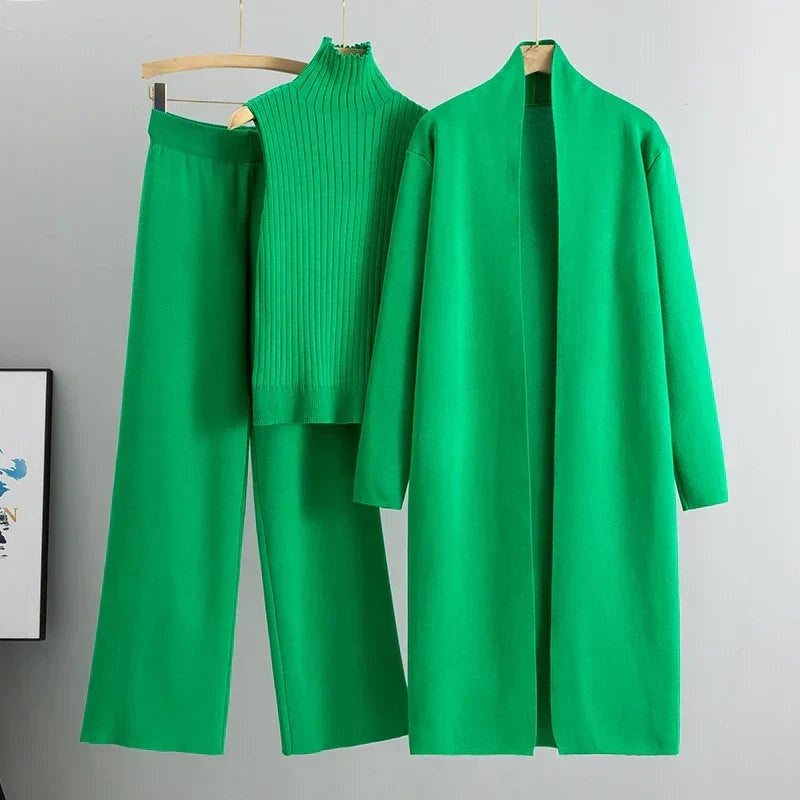 Lorena Elena | Conjunto de Punto Tres Piezas Mujer Cárdigan Largo Pantalón Ancho