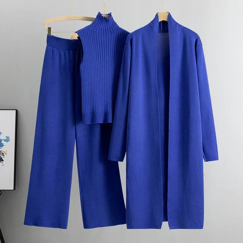 Lorena Elena | Conjunto de Punto Tres Piezas Mujer Cárdigan Largo Pantalón Ancho
