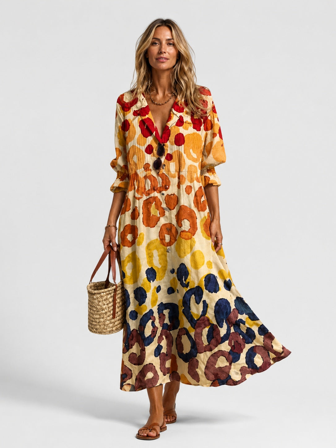 Jimena Aitana | Vestido Largo Camisero Estampado Mujer Manga Larga Botones