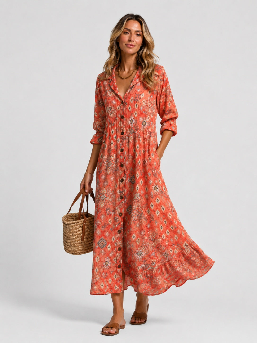 Jimena Aitana | Vestido Largo Camisero Estampado Mujer Manga Larga Botones