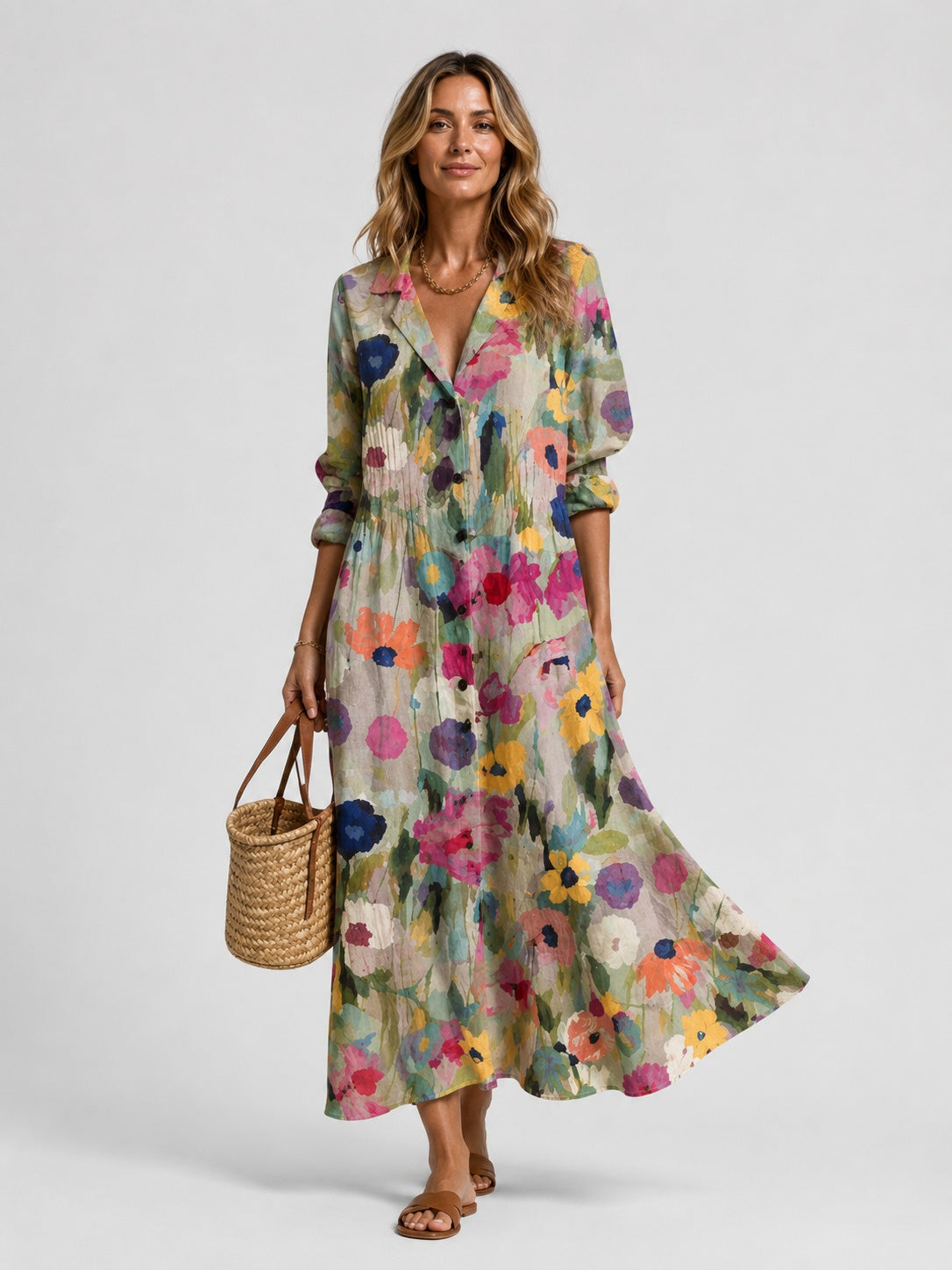 Jimena Aitana | Vestido Largo Camisero Estampado Mujer Manga Larga Botones
