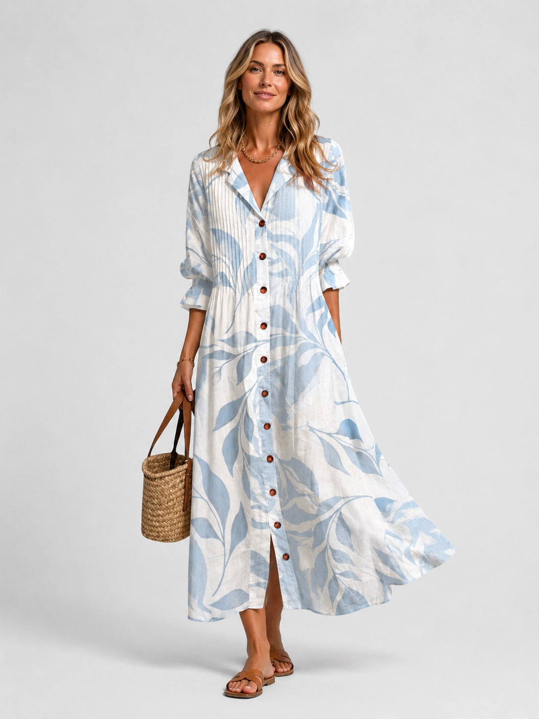 Jimena Aitana | Vestido Largo Camisero Estampado Mujer Manga Larga Botones