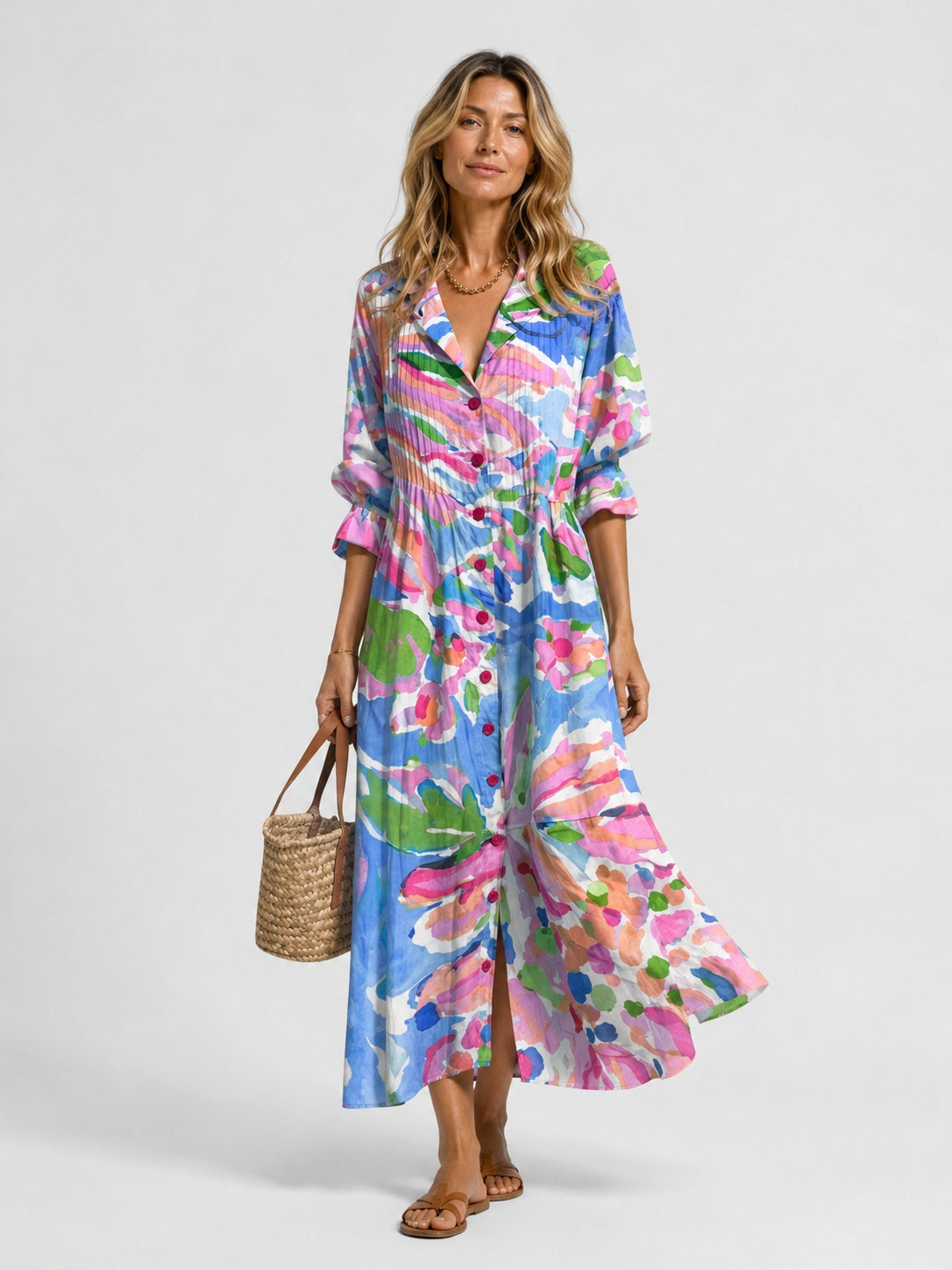 Jimena Aitana | Vestido Largo Camisero Estampado Mujer Manga Larga Botones