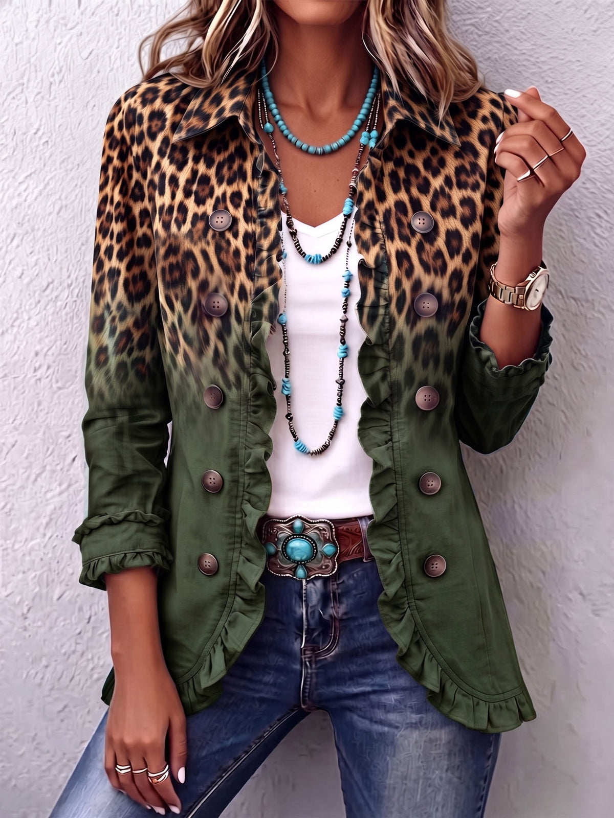 Amelia | Chaqueta de Volantes Leopardo Verde — imagen 1