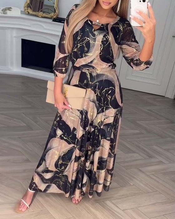Ariadna Alba | Vestido Largo Elegante Estampado Abstracto Mujer Manga Tres Cuartos