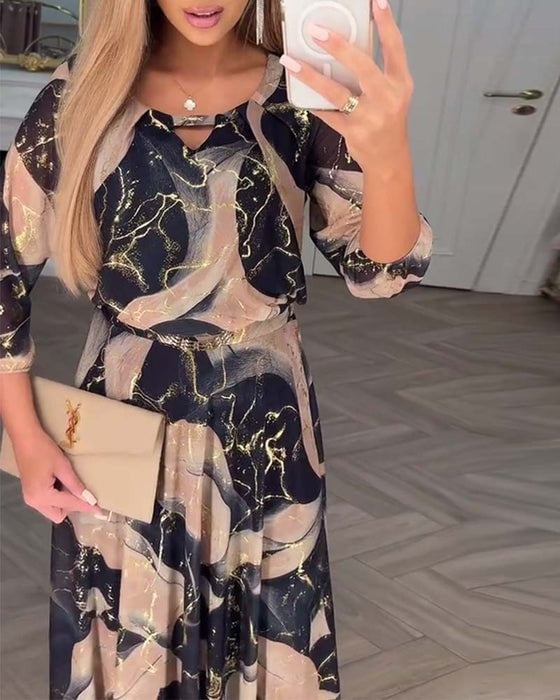 Ariadna Alba | Vestido Largo Elegante Estampado Abstracto Mujer Manga Tres Cuartos