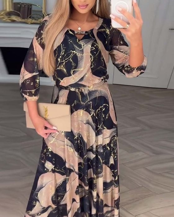 Ariadna Alba | Vestido Largo Elegante Estampado Abstracto Mujer Manga Tres Cuartos