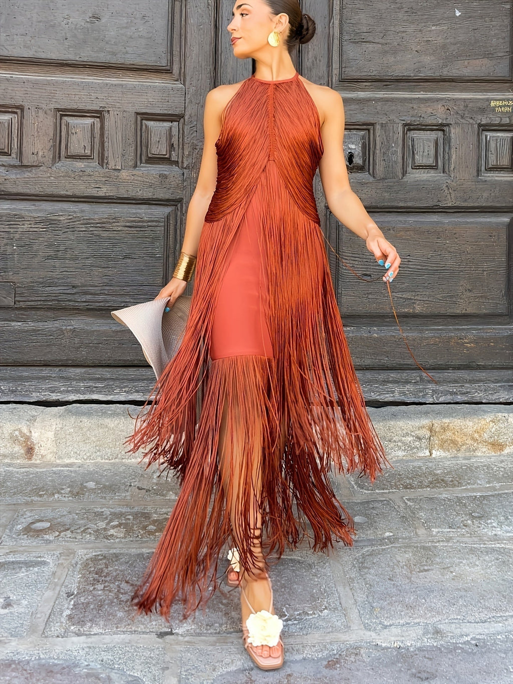 Aroa María | Vestido de Fiesta Largo con Flecos Mujer Cuello Halter — imagen 1