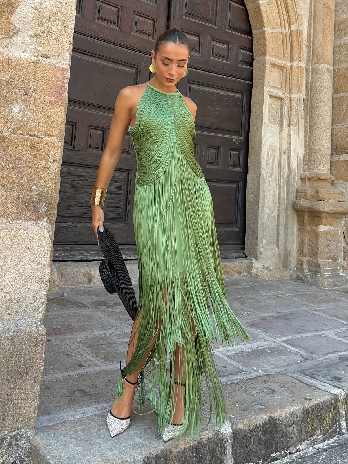 Aroa María | Vestido de Fiesta Largo con Flecos Mujer Cuello Halter — imagen 4